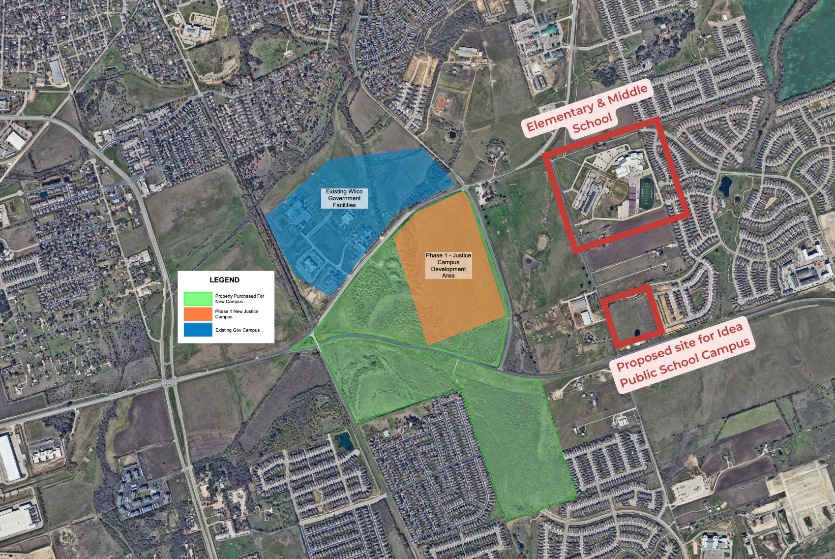 Aerial site plan showing the Phase 1 Justice Campus development area (orange), the purchased property (green), and the proximity to the Elementary and Middle School campuses (red box) and a proposed IDEA Public School campus.